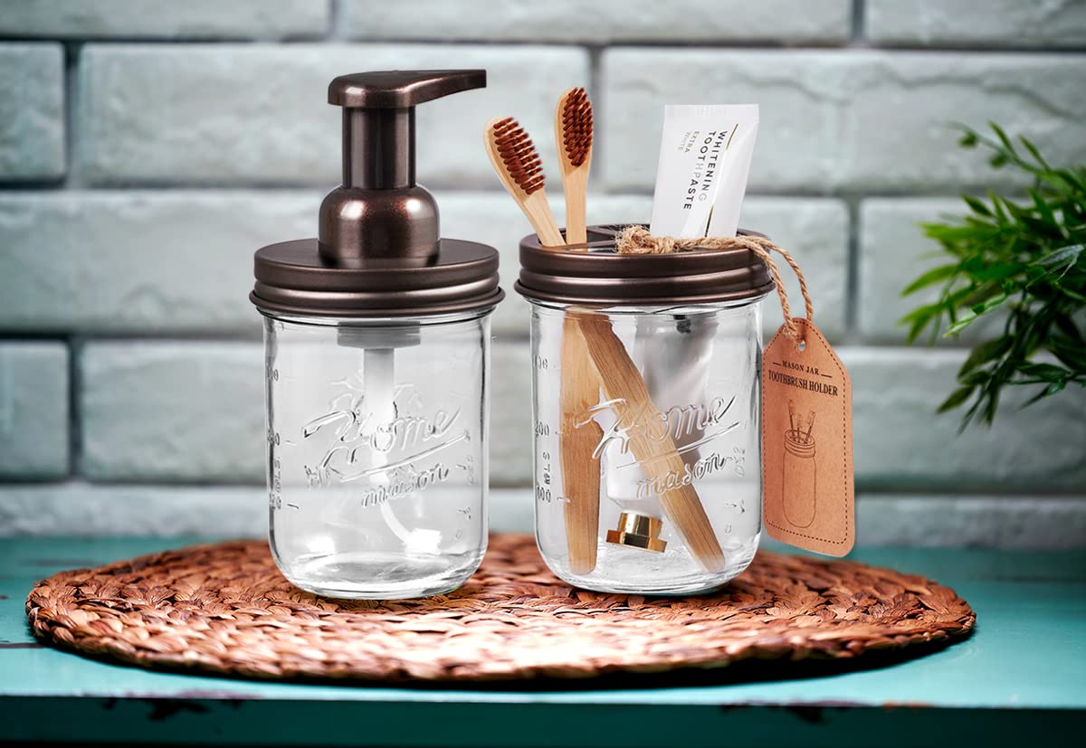 Mason Jar Toothbrush Holder - Premium Rustproof 304 Stainless Steel - Holds 2 Toothbrushes and Toothpaste - Farmhouse Decor Countertop and Vanity Storage Organizer/Bronze
