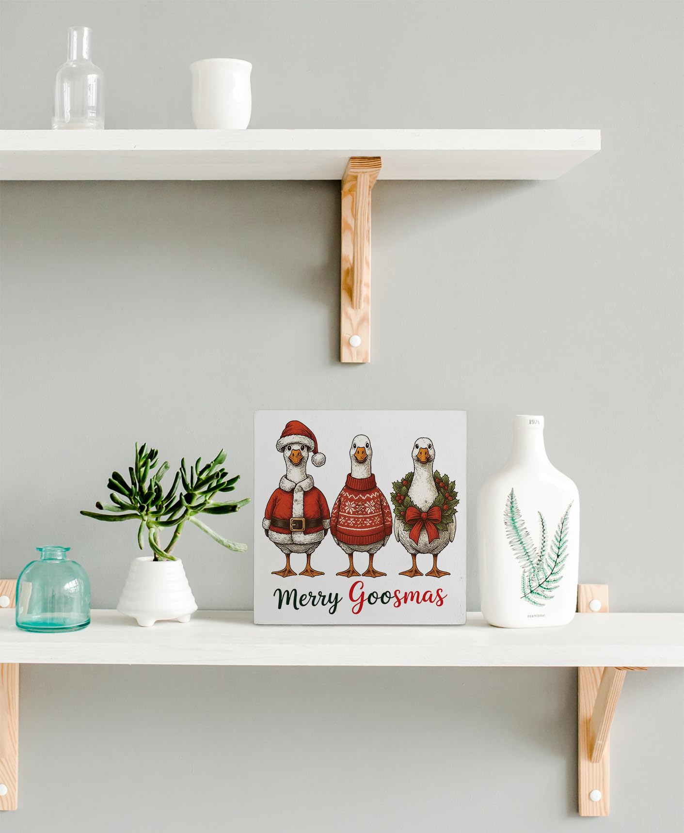 kunlisa Christmas Goose Wooden Sign, Goose Lover Gifts, Christmas Xmas Santa Wreath Farm Animal Holiday Wood Box Sign for Home O