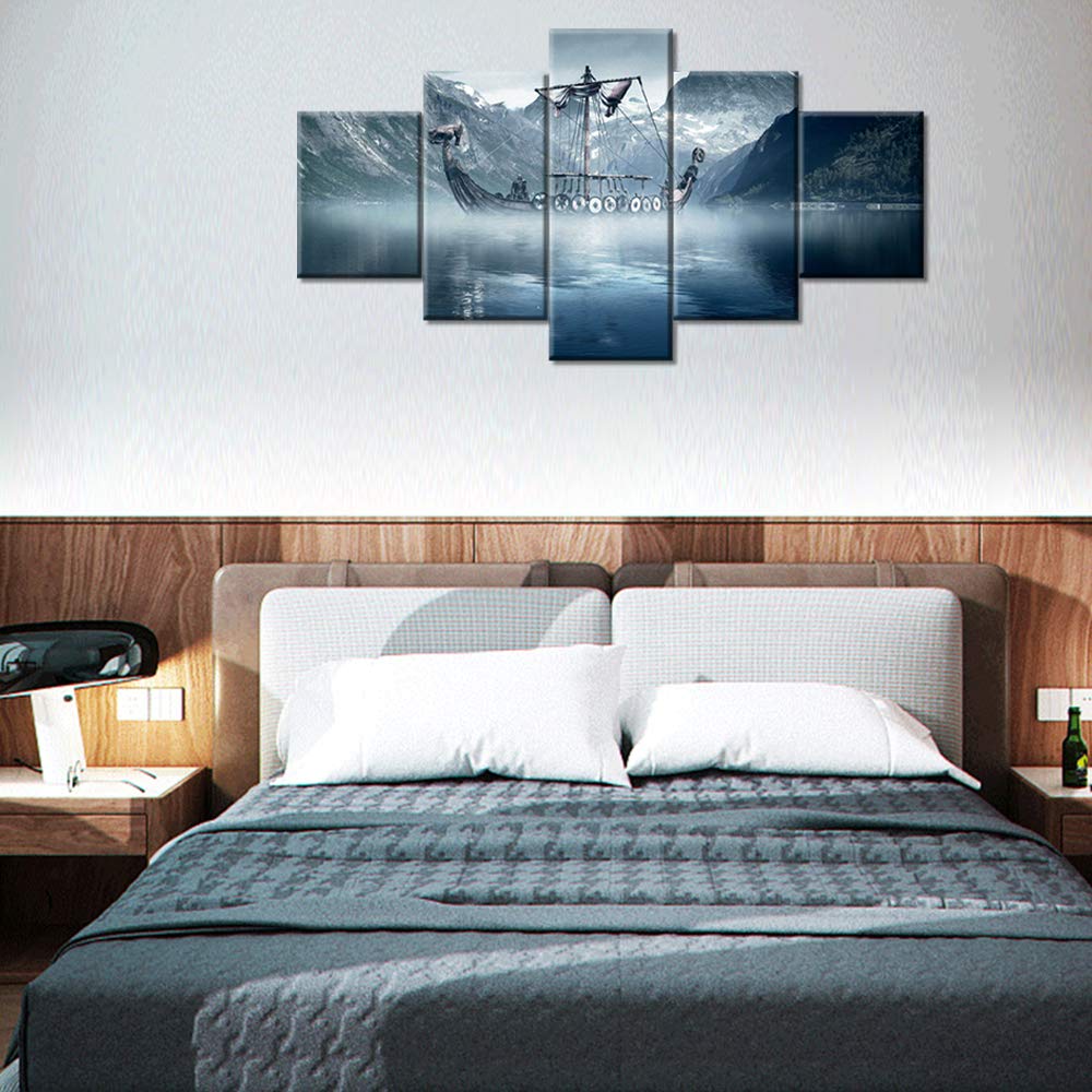 Tumovo Landscape Wall Art For Living Room Black Sailboat Painting Viking Art Pictures Modern Artwork 5 Piece Prints On Canvas Mo