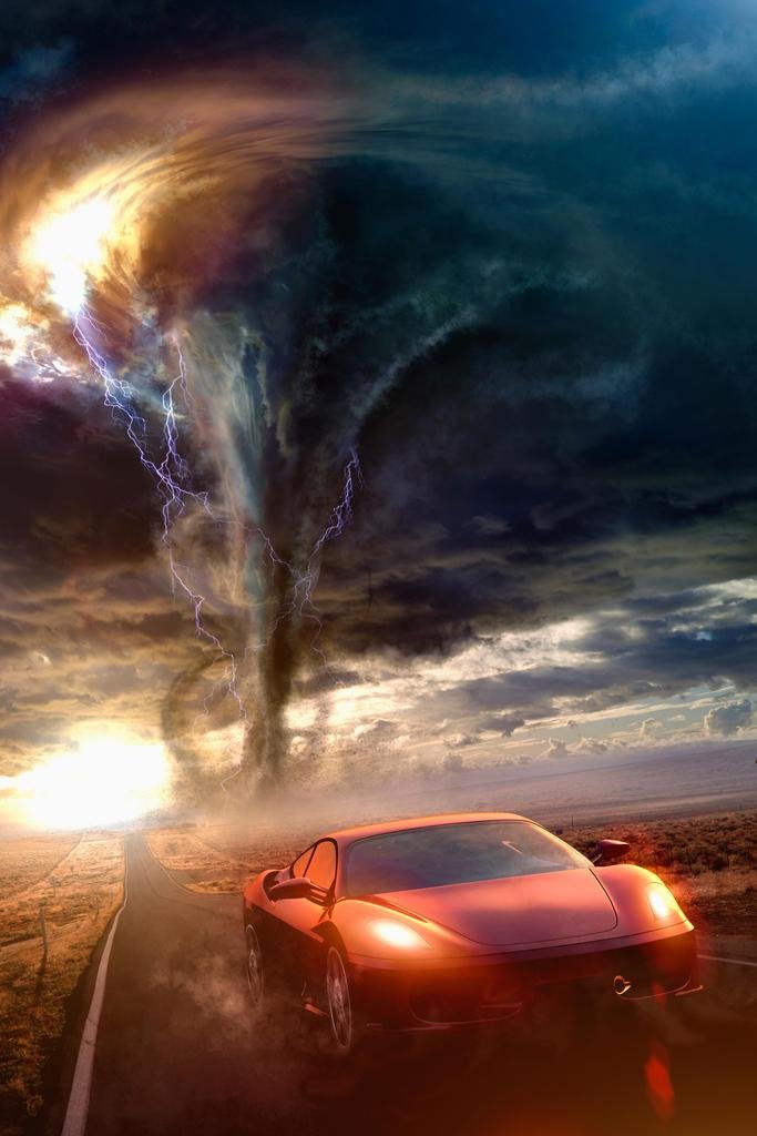 Laminated Red Sports Car Driving Away From Tornado Photo Photograph Poster Dry Erase Wall Art 16X24