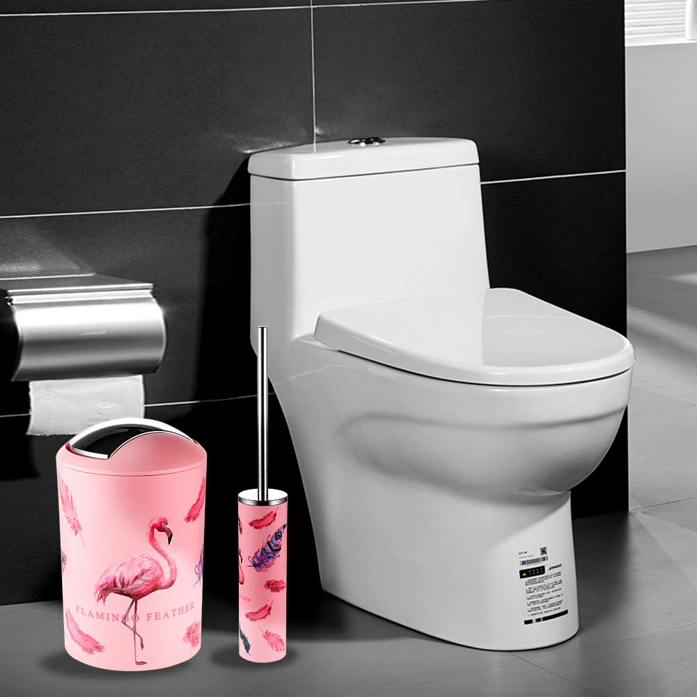 JOTOM 6 Pieces Bathroom Accessories Set Plastic Bathroom Accessories Toothbrush Holder Cup Soap Dish Hand Sanitizer Bottle Trash Can Toilet Brush (Flamingo)