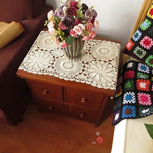 Abreeze Rustic Floral Table Runner Hand Crochet Table Placemats Beige Cotton Table Doilies Runners, 2Pc 15.7 Inchx31.5Inch