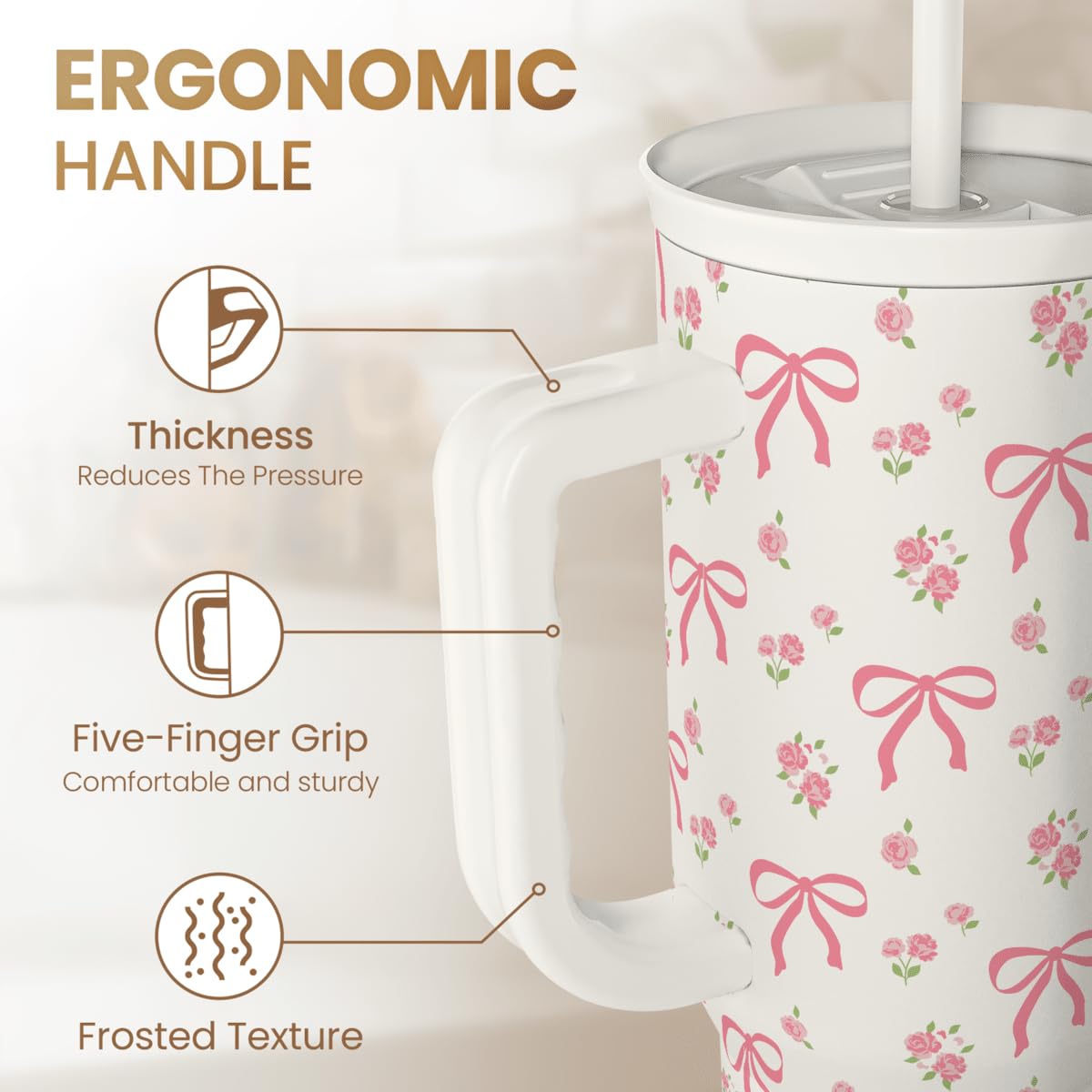 SANDJEST Bow Tumbler with Handle 40oz, Stainless Steel Insulated Tumblers Coffee Travel Cup with Slider Straw Lid, Gifts for Wom