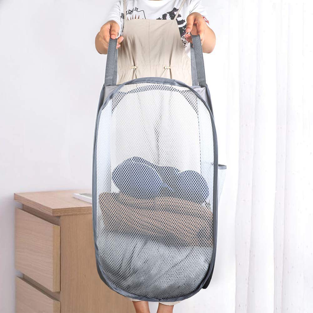 Larpur Popup Mesh Laundry Basket, Collapsible Laundry Hamper Portable Clothes Washing Laundry Hamper With Reinforced Carry Handl