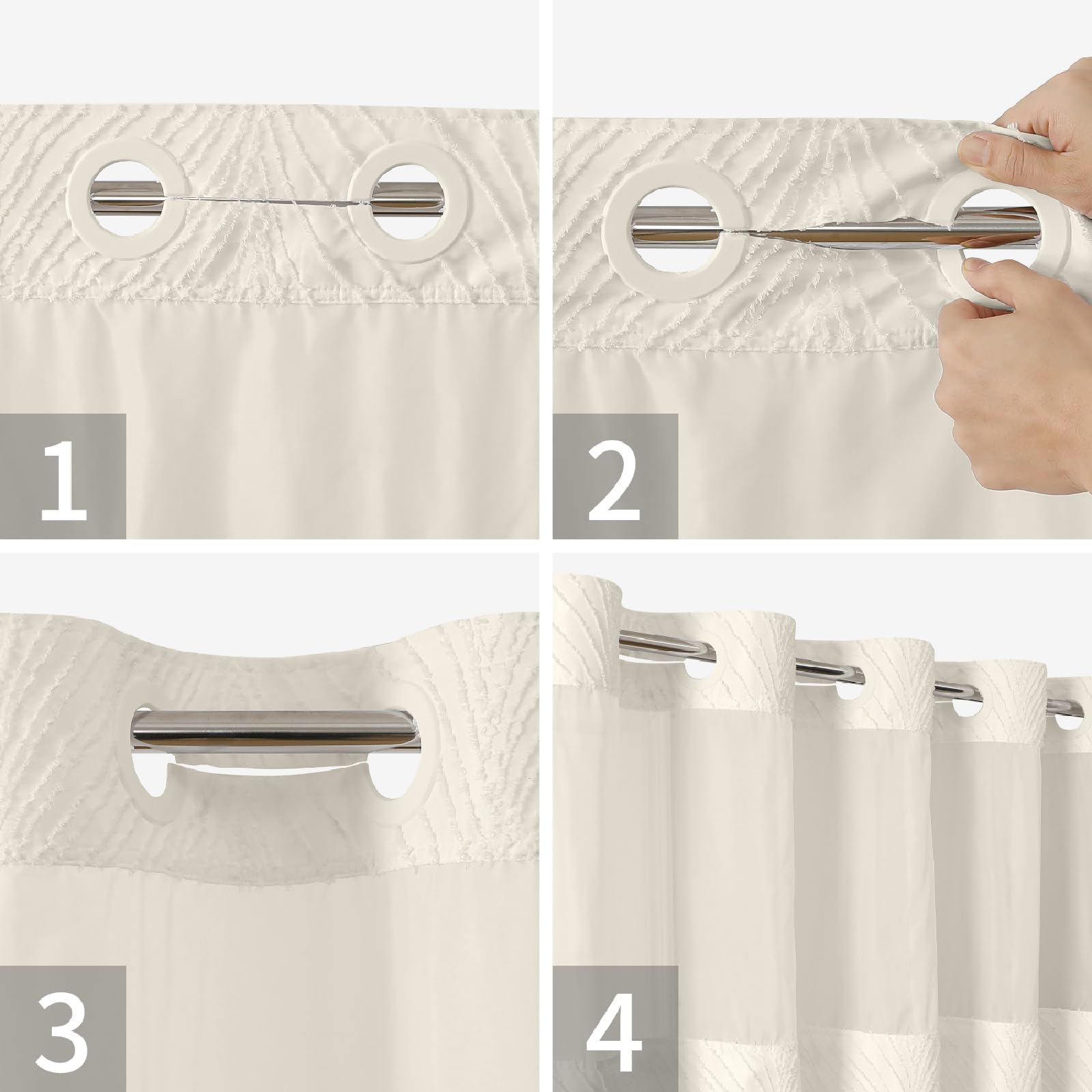 Eachope No Hook Shower Curtain And Liner Set,No Hook Tufted Striped Textured Shower Curtain With Snap In Liner Replacement,Boho