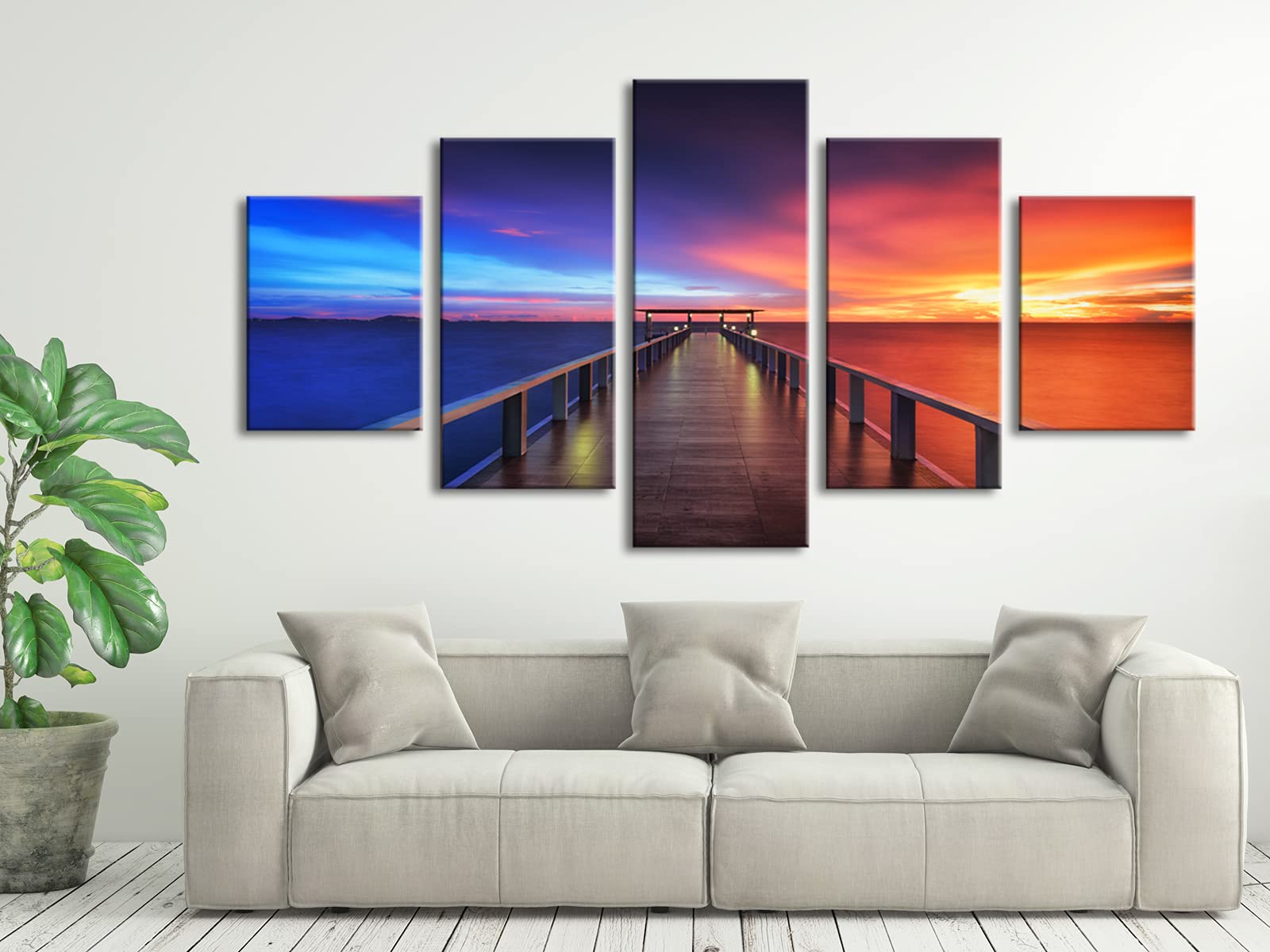 Pyradecor Sunset Bridge Large Modern 5 Piece Gallery Wrapped Seascape Artwork Giclee Canvas Prints Red And Blue Landscape Pictur
