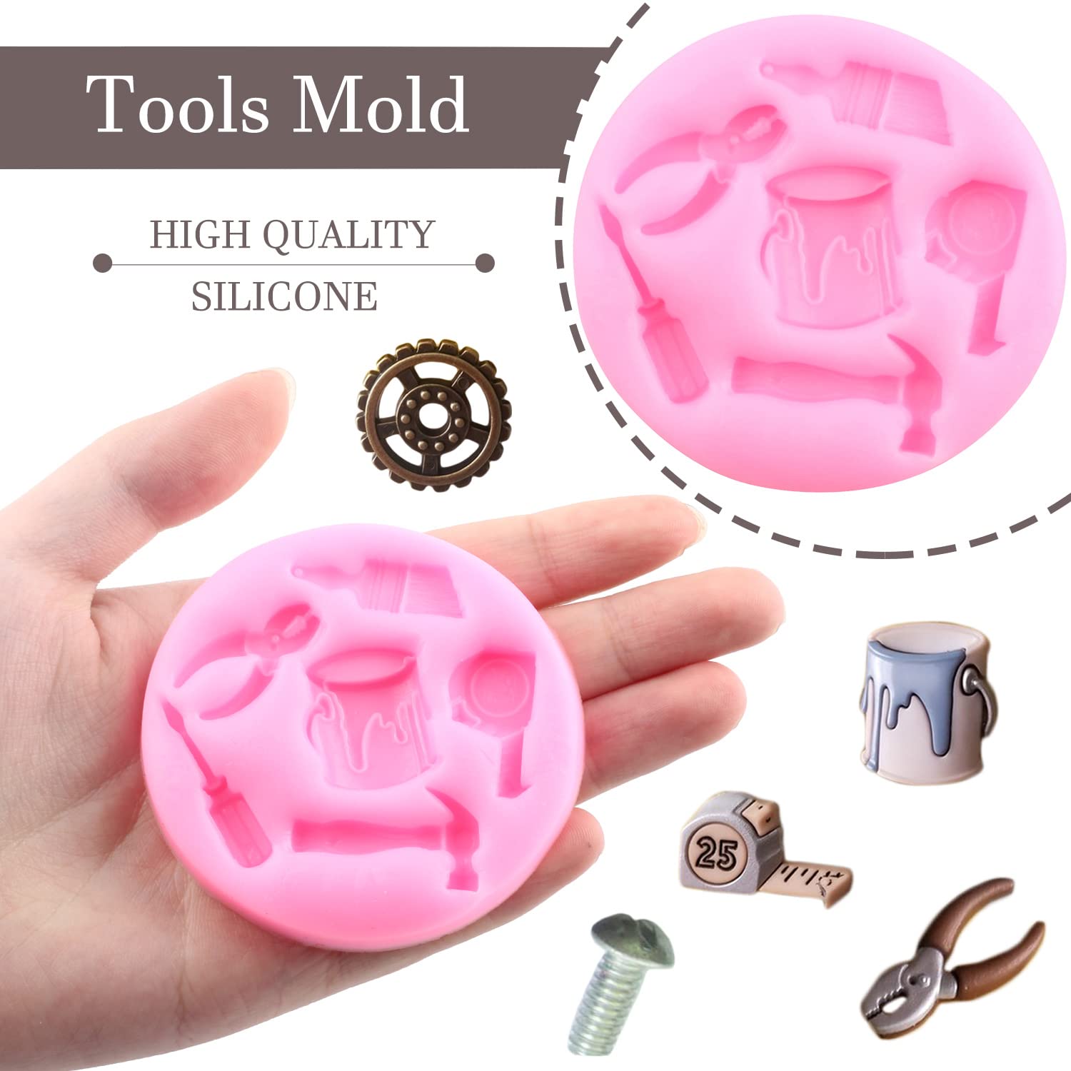 Mujiang Hand Tools Silicone Molds Construction Tools Fondant Mold Tire Gear Screw Nut Candy Mold For Cake Decorating Cupcake Top