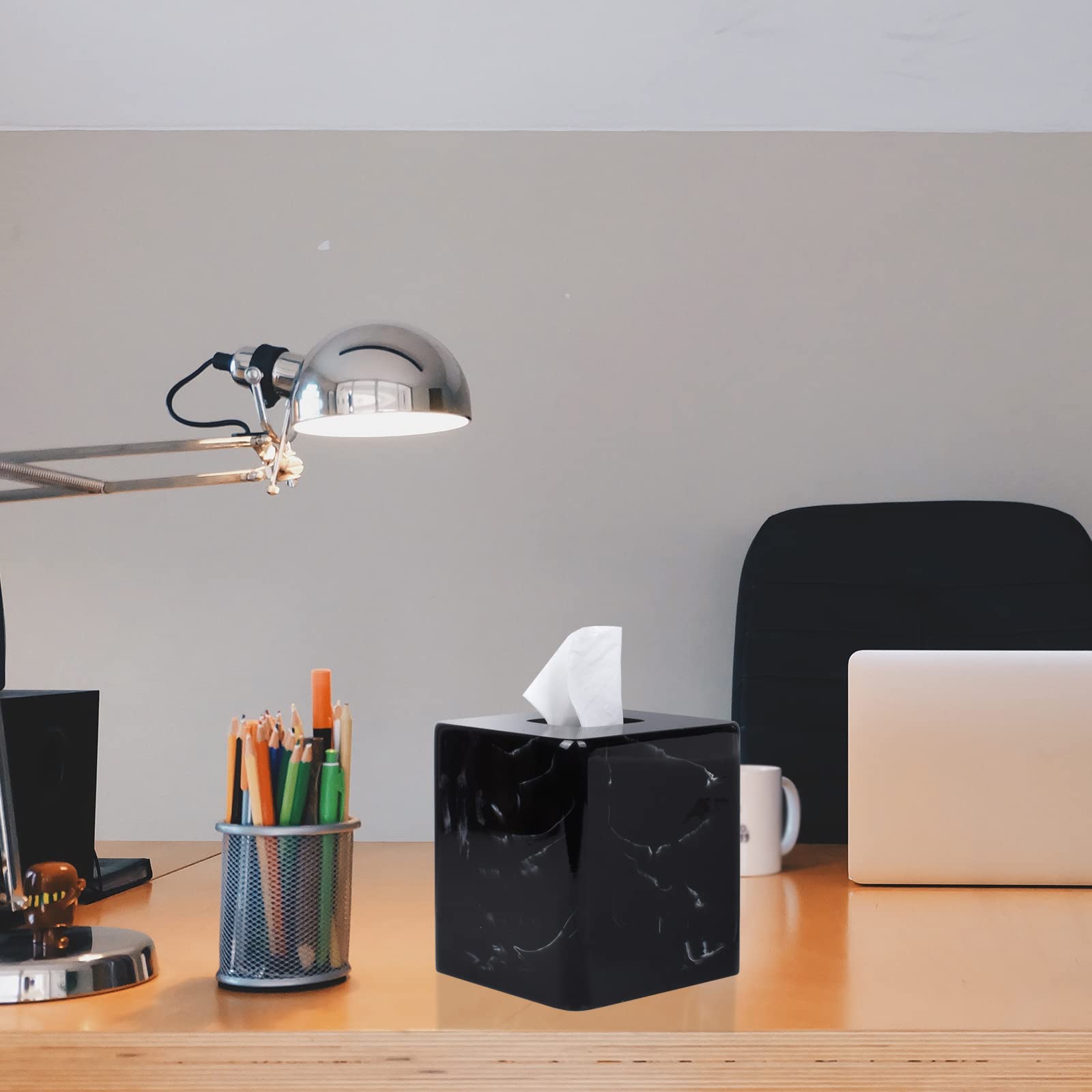 Jungford Square Tissue Box Cover, Facial Napkin Holder For Living Room Office Bathroom, Marble Pattern Made Of Resin (Black)