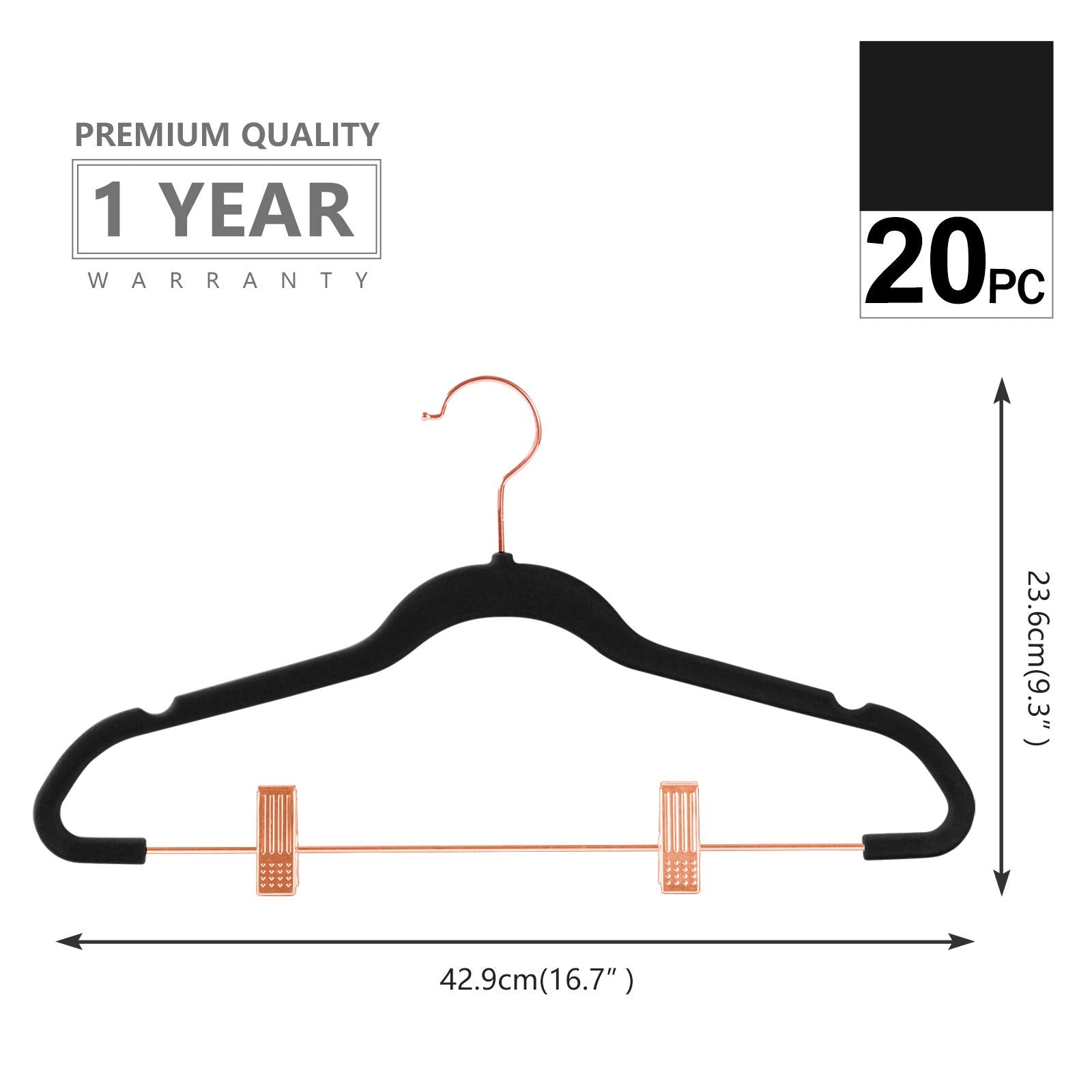 Mizgi Premium Velvet Pants Hangers With Clips (Pack Of 20) Slim Skirt Hangers- Non Slip Felt Outfit Dress Hangers Black - Copper