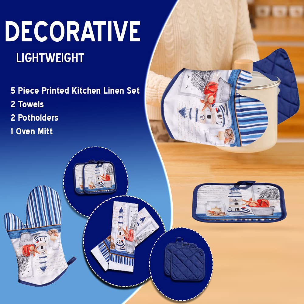 Kitchen Decor Linen Set Includes 2 Dish Towels, 2 Square Pot Holders, 1 Oven Mitt  Tall Lighthouse Printed Kitchen Towels Linen
