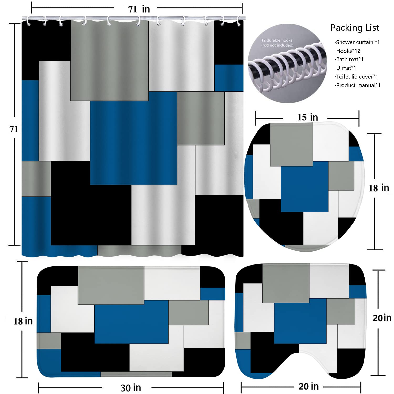 Enyorsel Blue Bathroom Sets With Shower Curtain And Rugs, 4 Piece Geometric Bathroom Shower Curtain Set With Rugs, Incl Shower C