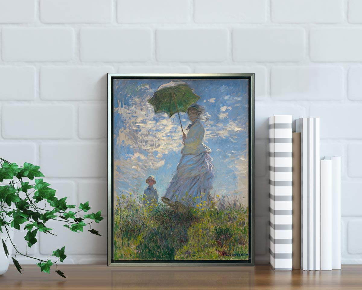 Wieco Art Framed Wall Art Woman With A Parasol Madame Monet And Her Son Of Claude Monet Famous Classic Oil Paintings Canvas Prin