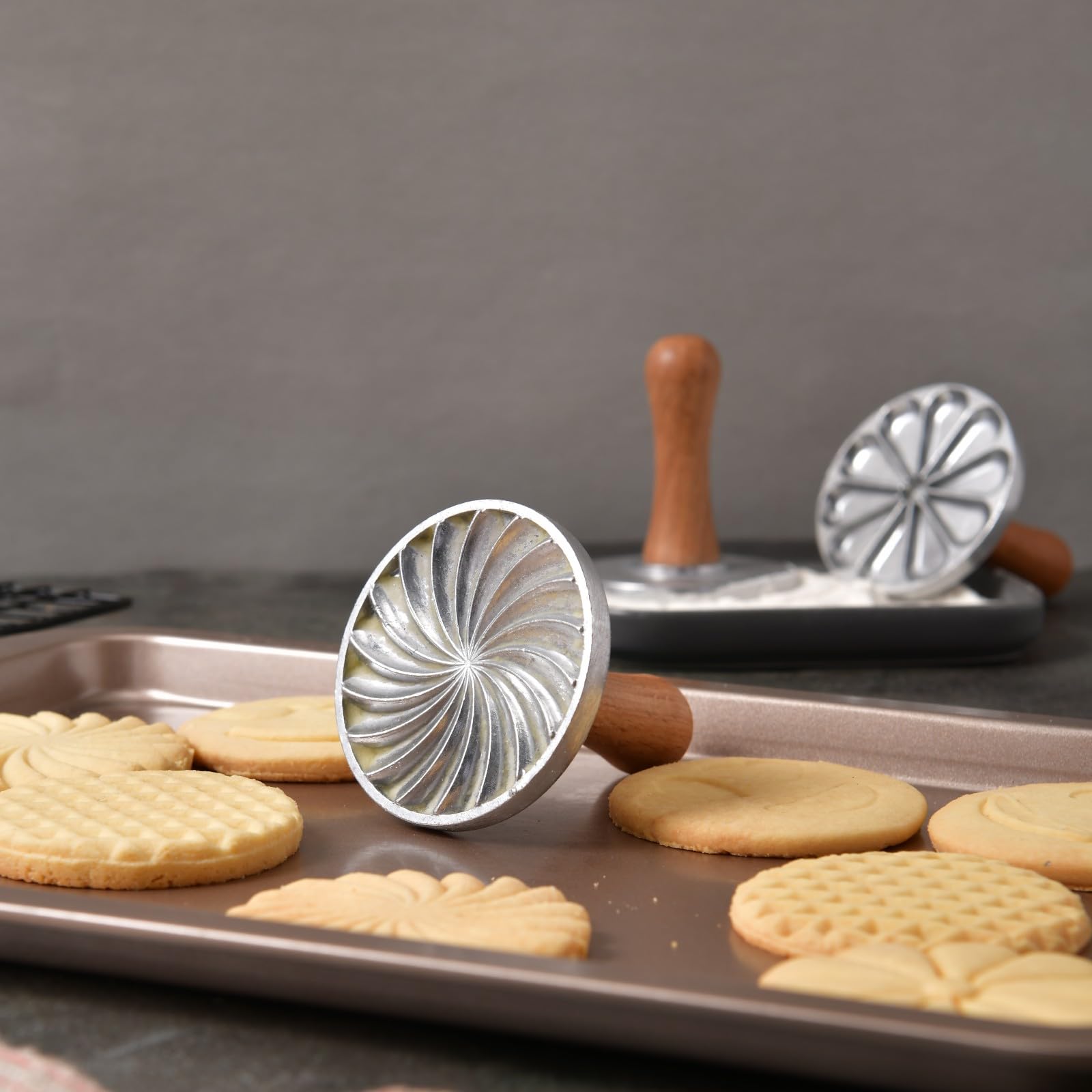 Oppein Cookie Stamps Set Of 3, Metal Cookie Press Cutter Mold With Wooden Handle, Cookie Decorating Supplies For Diy Baking, Cak