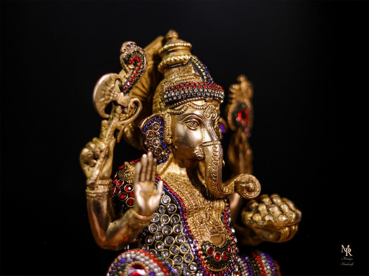 Mridaya Brass Ganesha Statue With Mosaic Stonework, 24 Cm Brass Ganesh Statue, Ganpati Idol, Good Luck Gift For New Beginnings,