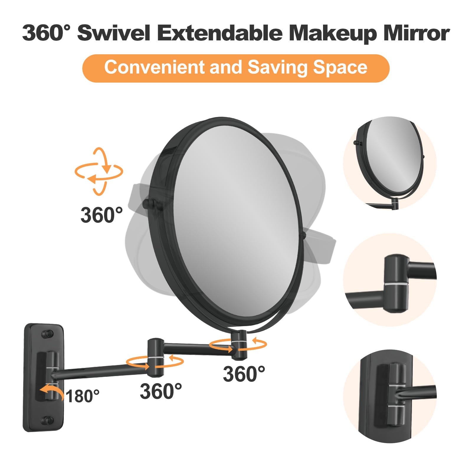 FFowcye 8" Wall Mounted Magnifying Makeup Mirror, 1X/10X, 360° Swivel, Black, Model FF018-DE, Extendable Vanity Mirror for Bathroom