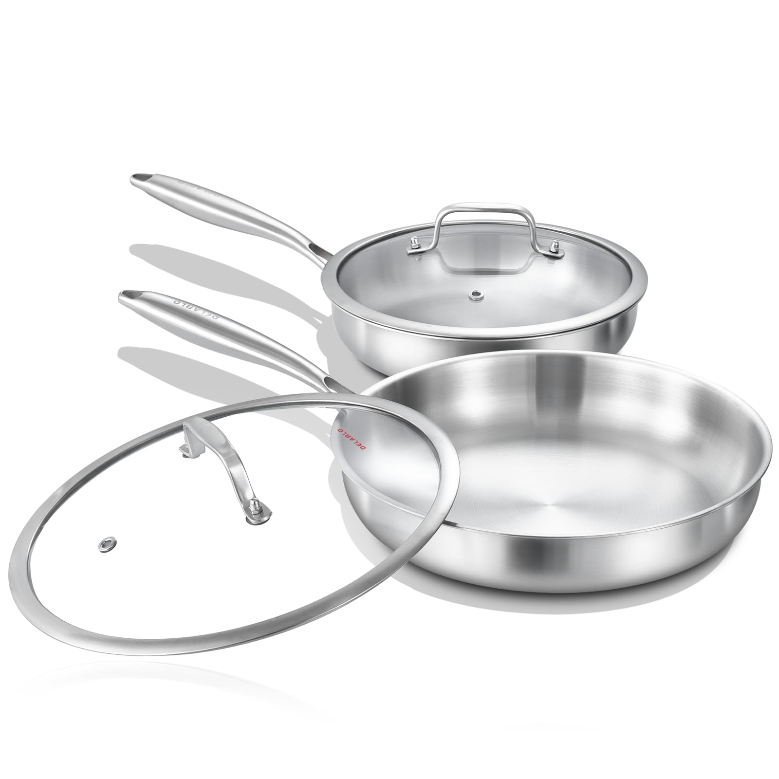 DELARLO Tri-ply Stainless Steel Frying Pan Set with Lid 1012 Induction large Skillets Chefs Pan,Pots and Pans Set Kitchen Cookw