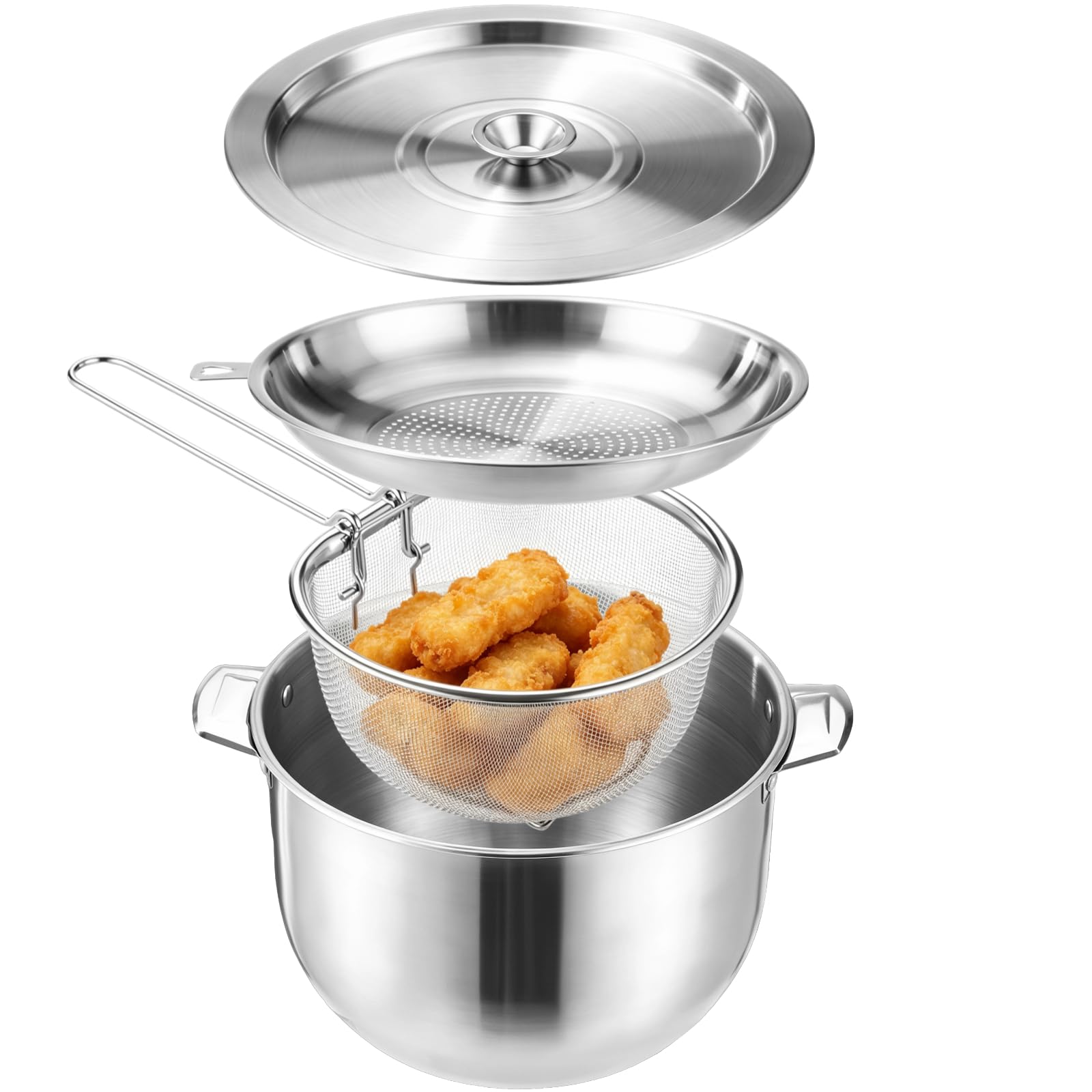 5L/5Qt Deep Fryer Pot with Basket,Stainless Steel MultiFunctional Oil Filter Stove Top Deep Frying Pot with Basket and Lid & Sp