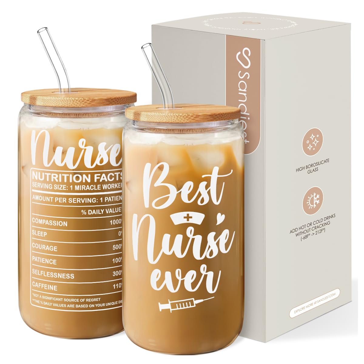 SANDJEST Nurse Cup 16 Oz Glass Can with Bamboo Lid and Straw - Nurse Gifts for Women - Appreciation Nursing Gifts for Female on 