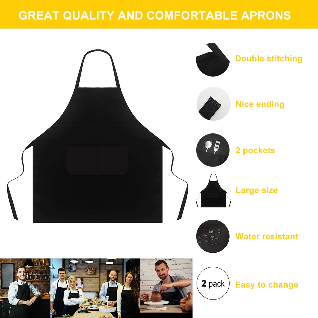 Hi Loyaya 2 Pack Black Chef Hat And Apron Set, Kitchen Cooking Bib Aprons For Men Women Chef With Pockets For Bbq Grilling Bakin