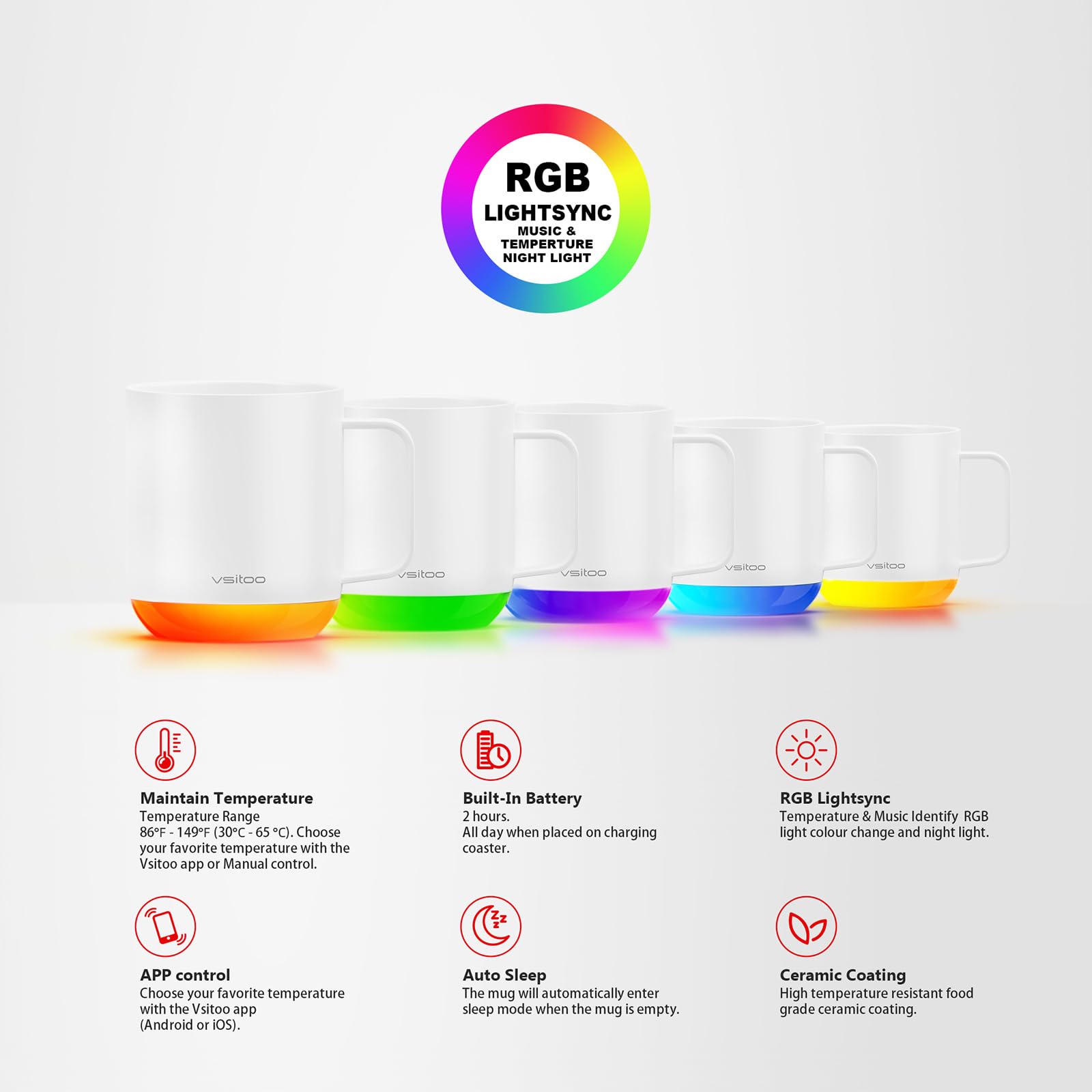 Vsitoo S6 Plus Smart Mug,Self Heating,Emperature Control Heated Coffee Mug App Controlled Smart Rgb Lightsync Warmer Mug (White)