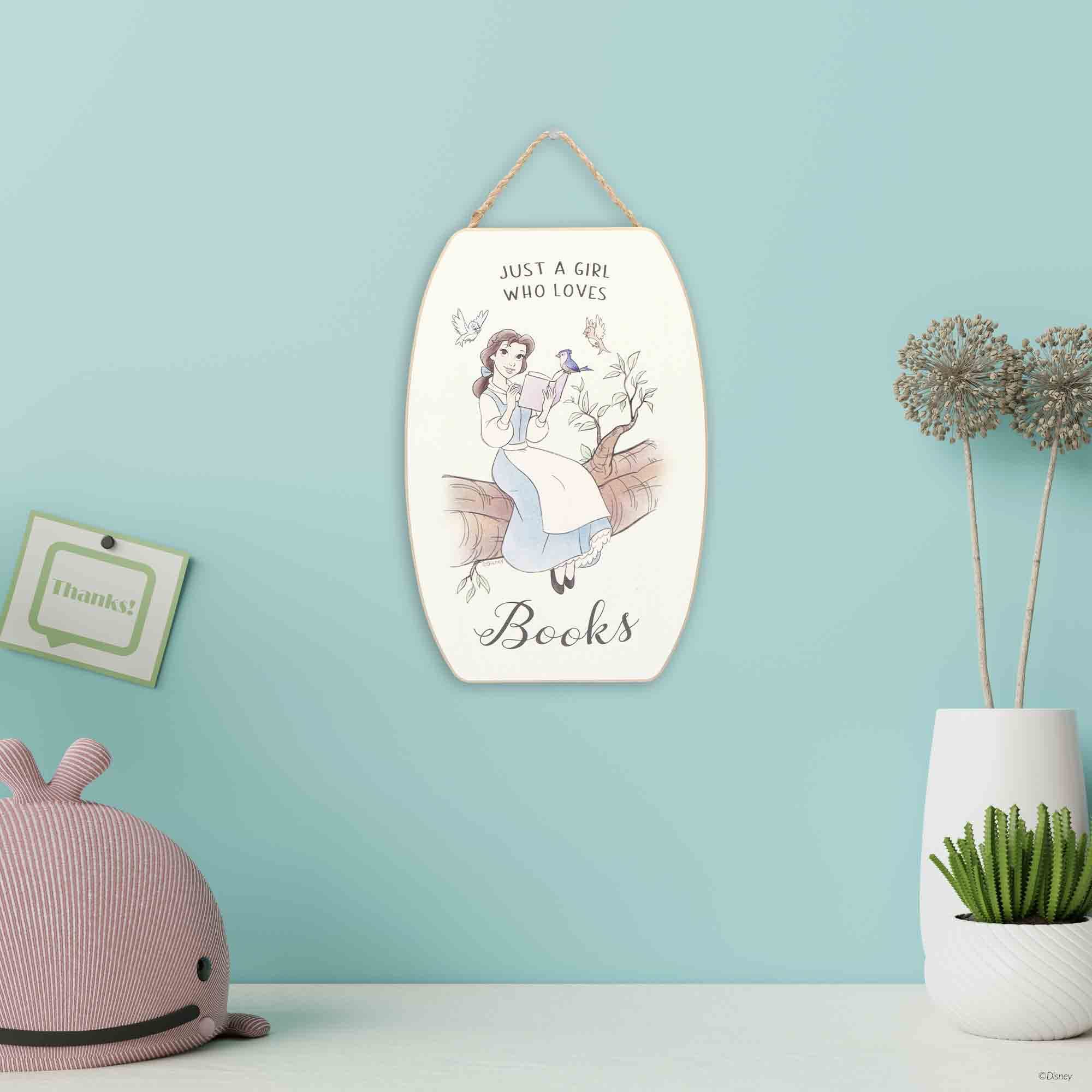 Open Road Brands Disney Beauty And The Beast Just A Girl Who Loves Books Hanging Wood Wall Decor - Cute Belle Decoration For Kid