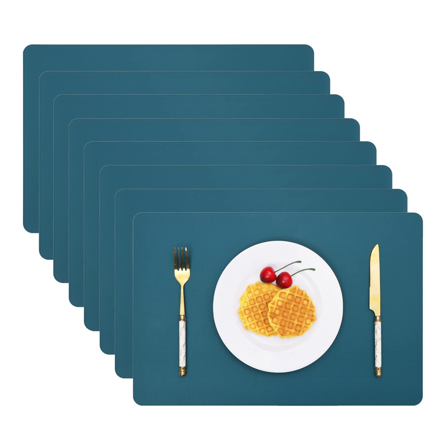 Vinjiasin Placemats Set Of 8 Teal Blue Leather Place Mats For Indoor Outdoor Kitchen Dining Table Mats Waterproof Wipeable Easy