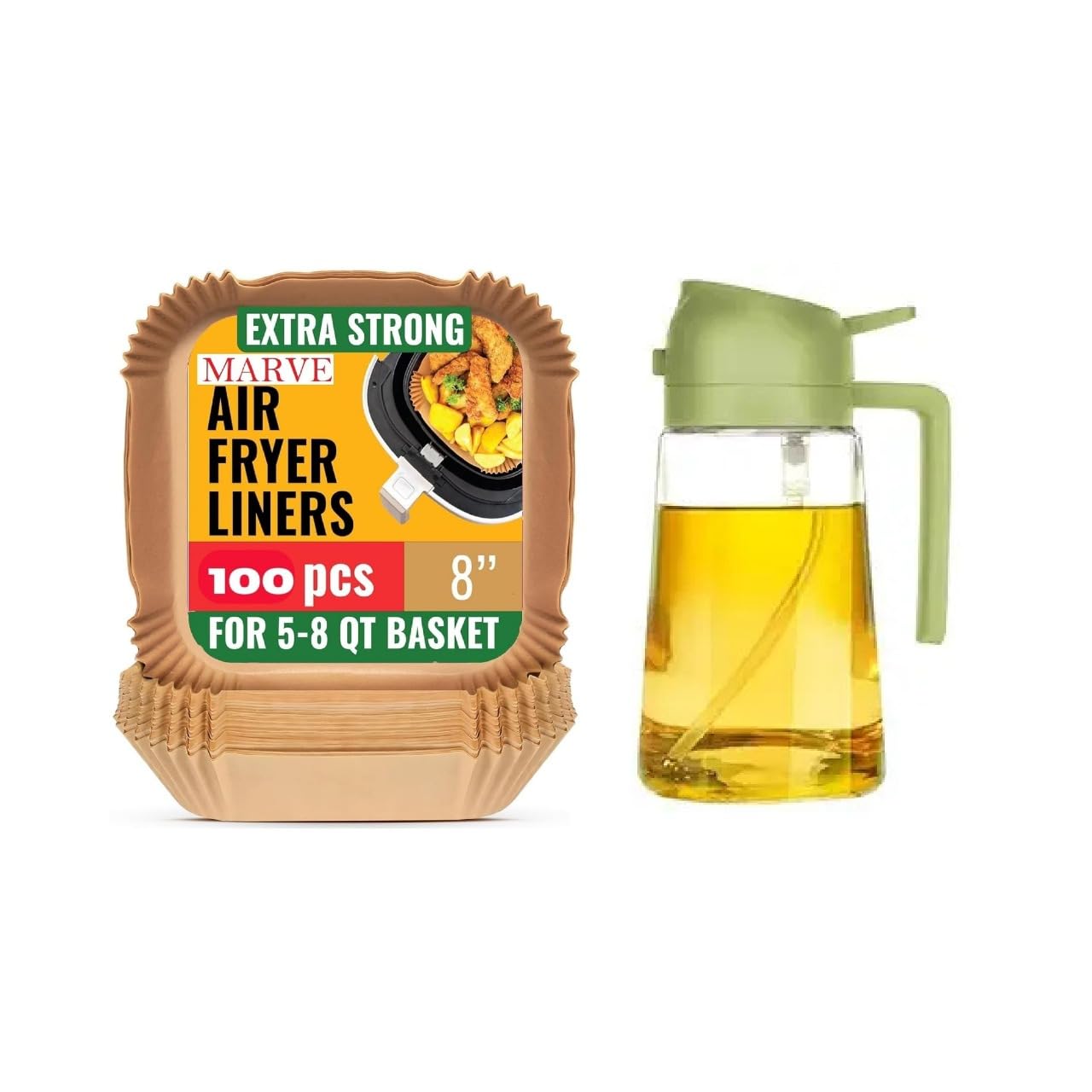 Marve Airfryer Papers Disposable, 8 Inch 100 Pcs NonStick Parchment Paper With 500 Ml Oil Bottle, Round Free Of Bleach Liners F
