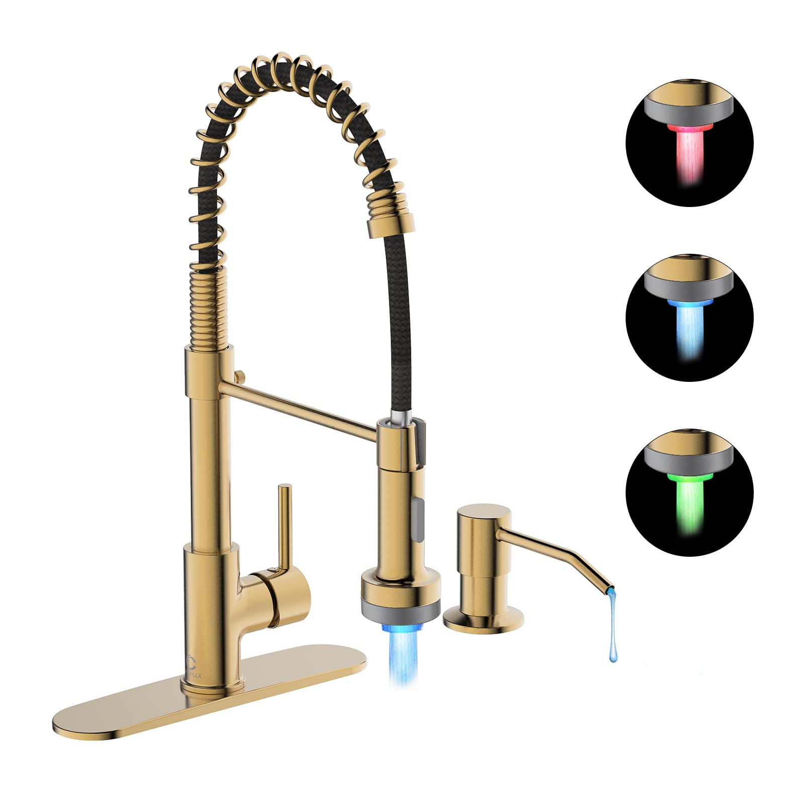 Casavilla LED Kitchen Faucet, Brushed Gold Kitchen Faucet with Soap Dispenser and Deck Plate, Faucet for Camper Farmhouse RV Kit
