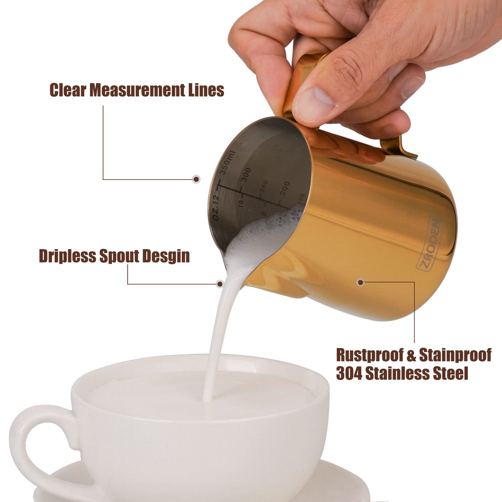 Milk Frothing Pitcher, 12Oz Espresso Steaming Pitchers Stainless Steel Milk Coffee Cappuccino Barista Steam Pitchers Milk Jug Cu