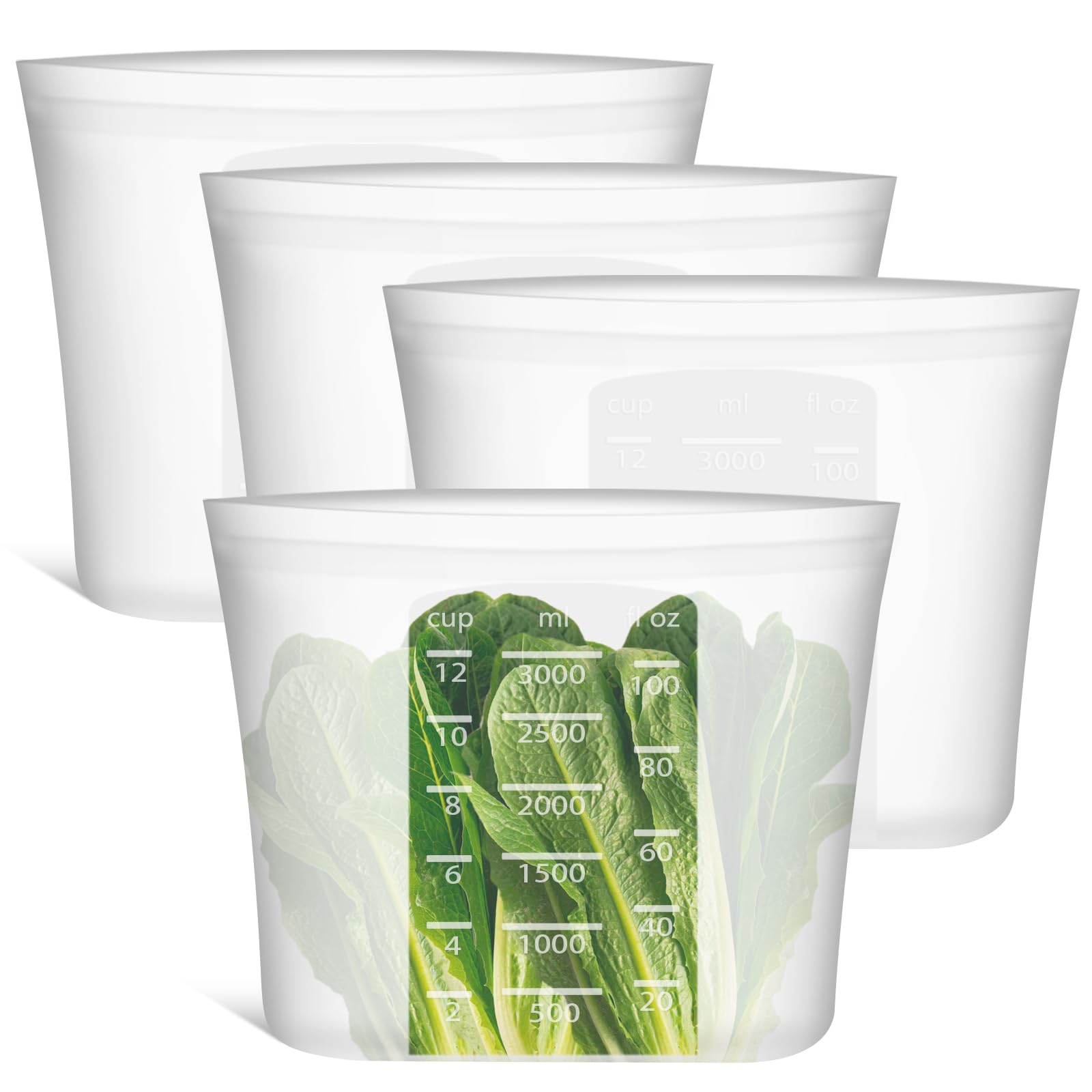 Extra Large Reusable Silicone Food Storage Bags 4 Pack, 0.8 Gallon/3000ml, 100% Silicone StandUp WideOpen ZipLock Reusable Ba