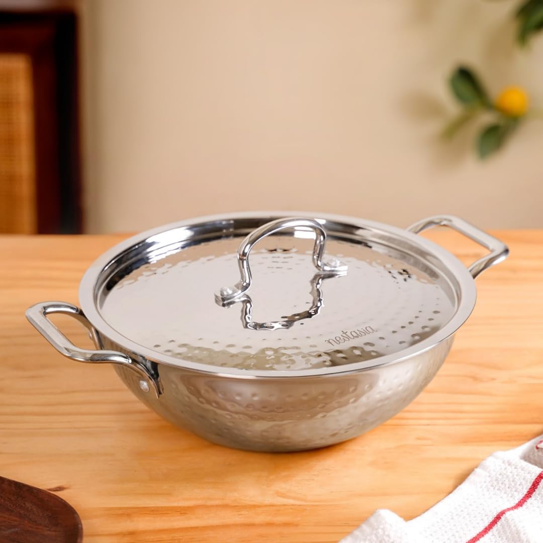 Nestasia Triply Hammered Stainless Steel Kadai With Lid (3500 Ml) - Heavy Bottom Steel Kadai For Cooking & Frying | Induction & 
