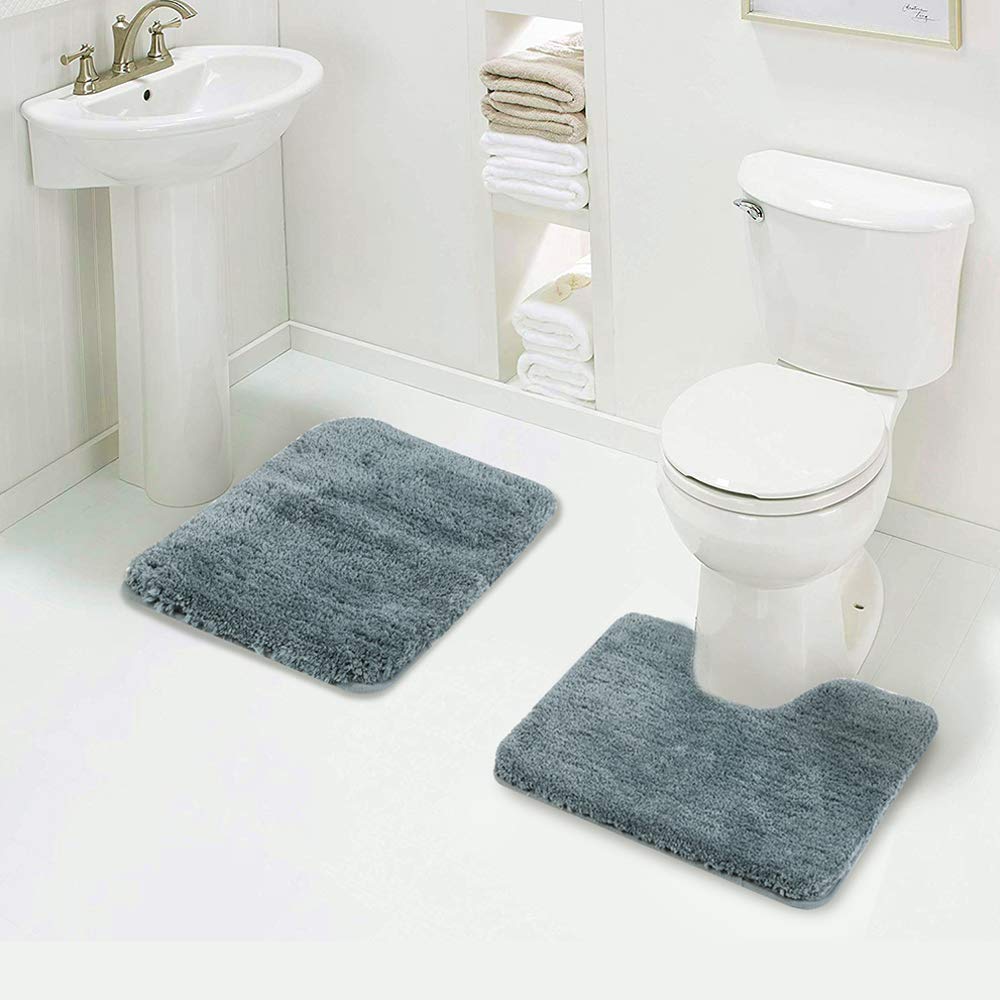 Walensee Shaggy 2 Piece Bath Rug Set (Slate) 20 X 24 U Shape Contour Rug & 20 X 32 Bathroom Rug Machine Wash/Dry Bath Mats For B