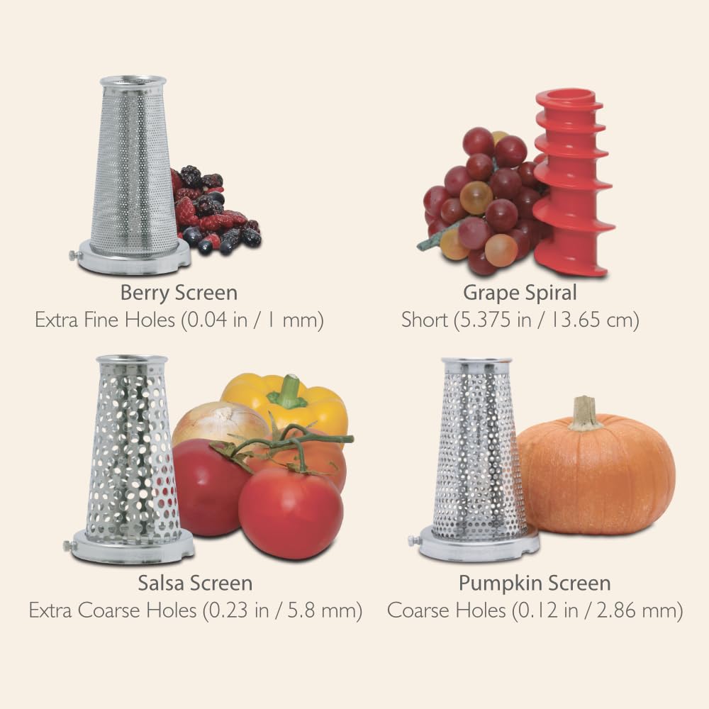 KITCHEN CROP VKP250 Johnny Apple Sauce Maker & Food Strainer, Aluminum, Plastic, Stainless Steel, White/Red/Silver, Includes Motor & Accessories