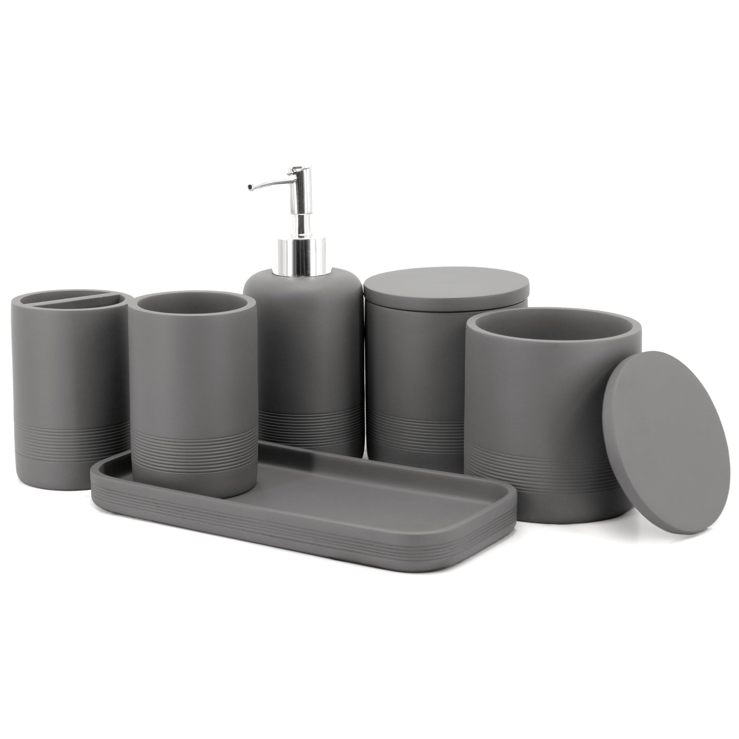 Zccz - Grey Bathroom Accessories Set 6 Pcs - Toothbrush Holder, Lotion Soap Dispenser, 2 Qtip Holder Dispenser, Vanity Tray, Bat