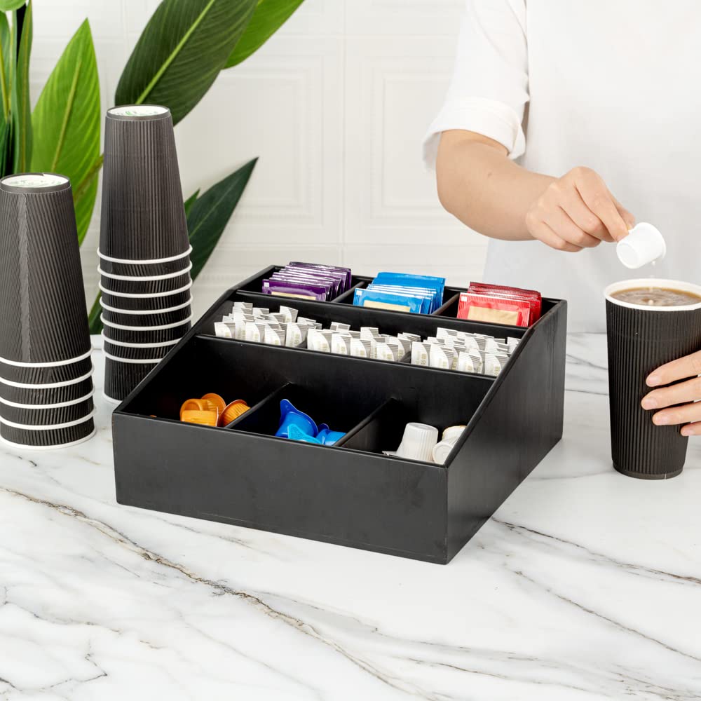 Restaurantware 11.75 X 5.5 Inch Coffee Condiment Organizer 1 Square Creamer Organizer - 9 Compartments Break-Resistant Black Bam