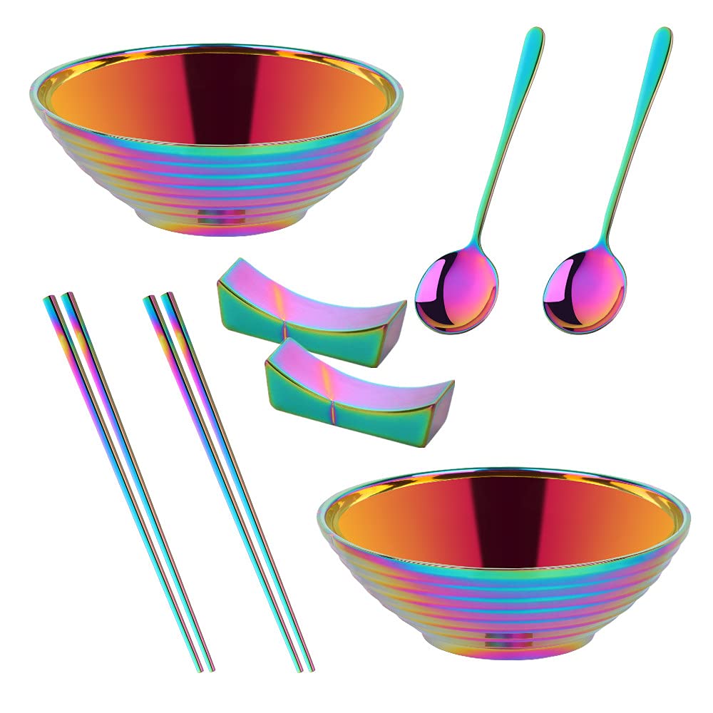 Meiishaaa Ramen Noodle Bowl, 2 Set (8Pcs) Stainless Steel Japanese Style Soup Bowls And Spoons Set With Chopsticks & Chopsticks
