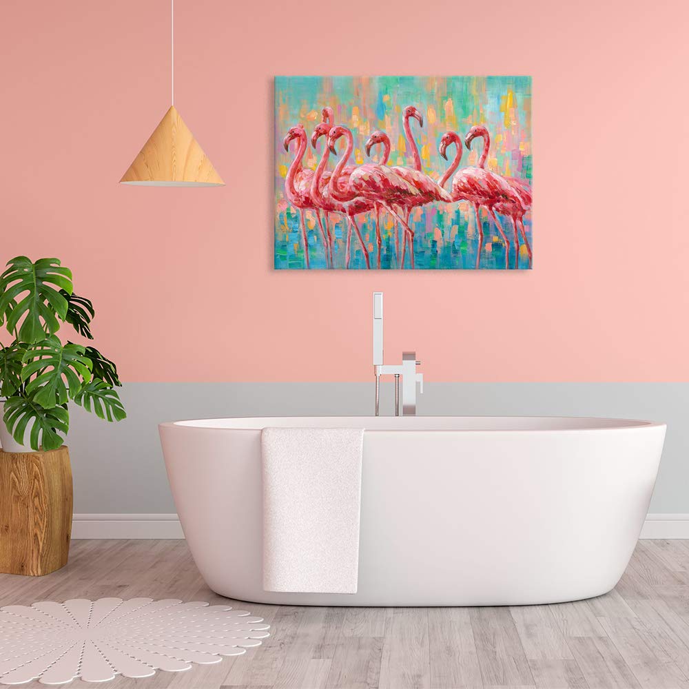 Yidepot Flamingo Bedroom Wall Decor Painting: A Flock Of Pink Flamingo Wall Art Canvas For Bathroom With Frame Ready To Hang (24