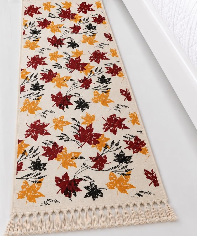 Home Carpet Rugs Autumn Maple Leaf Table Runner with Tassel Fringe, Beige