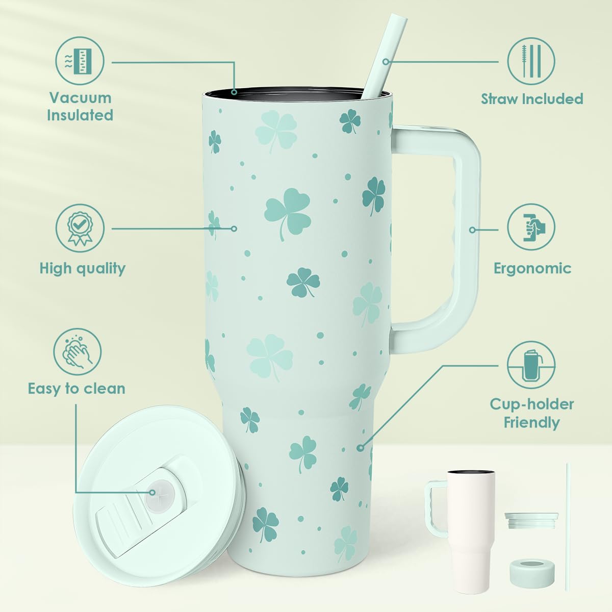 40oz Shamrock Tumbler with Handle and Straw - Insulated Stainless Steel Coffee Travel Mug, Christmas St. Patrick s Day Irish Gi