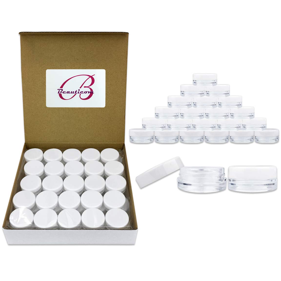 Beauticom (50 Pieces Jars + Lid) 3G/3Ml Round Clear Jars With White Screw Cap Lids For Scrubs, Oils, Toner, Salves, Creams, Loti