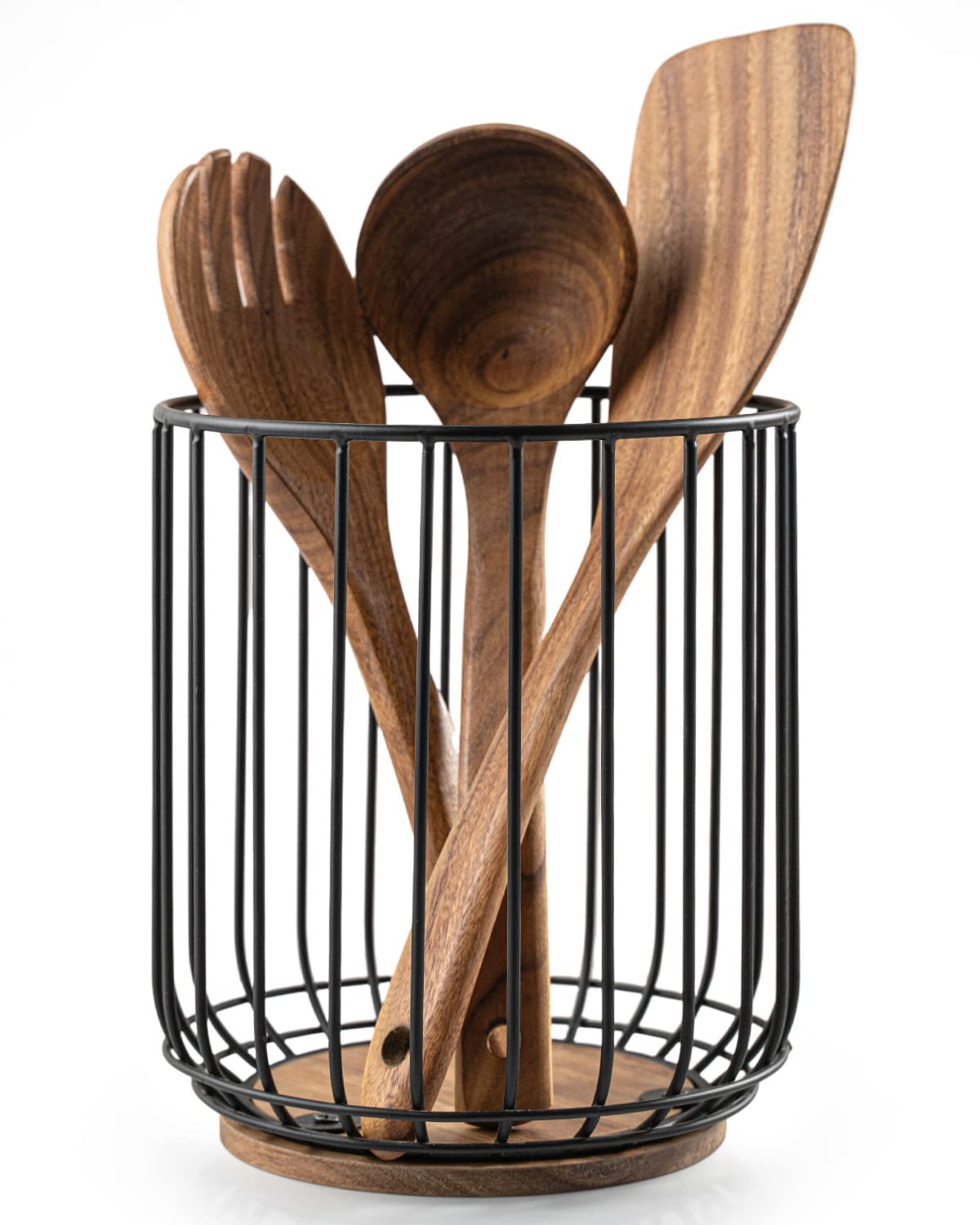 Getstar Kitchen Utensil Holder, Large Wire Utensil Holder For Kitchen Counter (W6.2    X H7.5   ) With Acacia Base