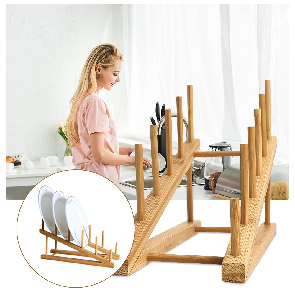 Tie-Dailynec 4 Pcs Wooden Dish Drying Rack Bamboo Plate Dish Rack Stand Kitchen Cabinet Organizer Pot Lid Holder For Plate, Dish