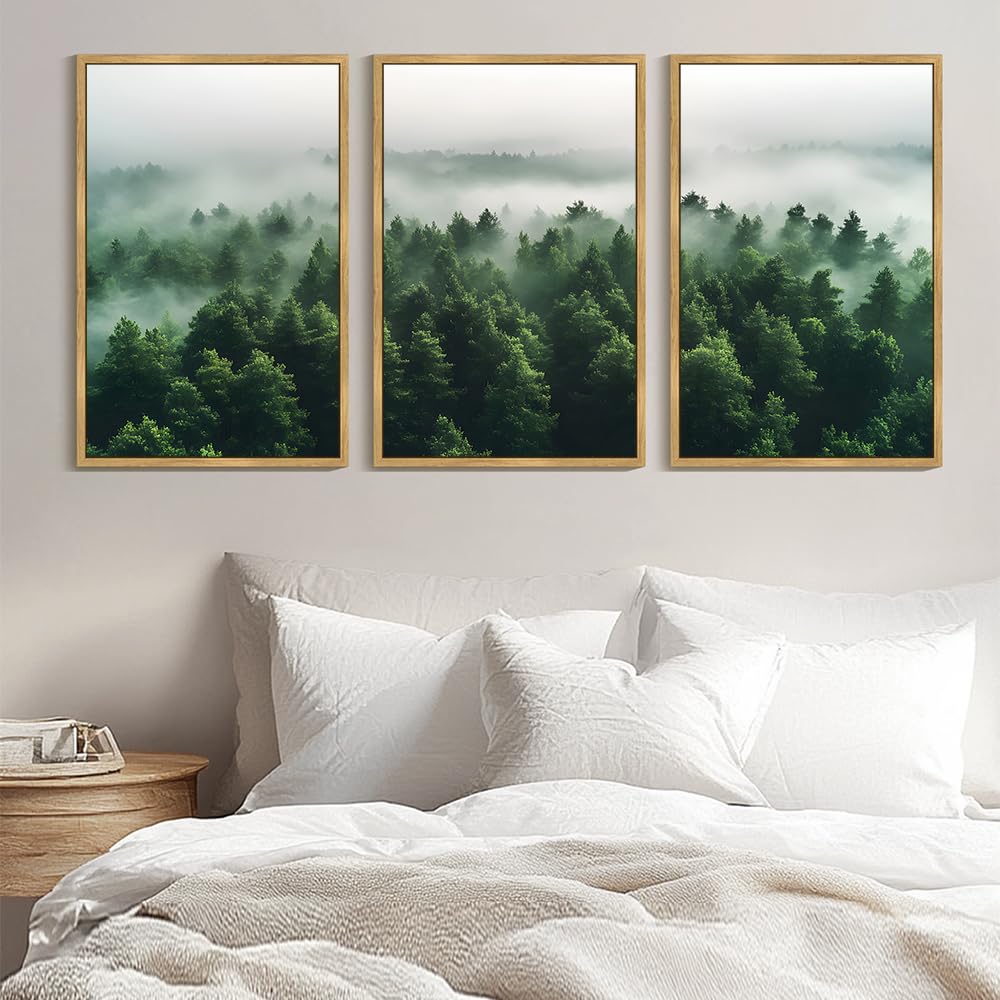 Kuvioke Green Fog Pine Tree Framed Wall Art Nature Nordic Misty Forests Artwork Morden Painting Bedroom Decor 24X36In (Natural F