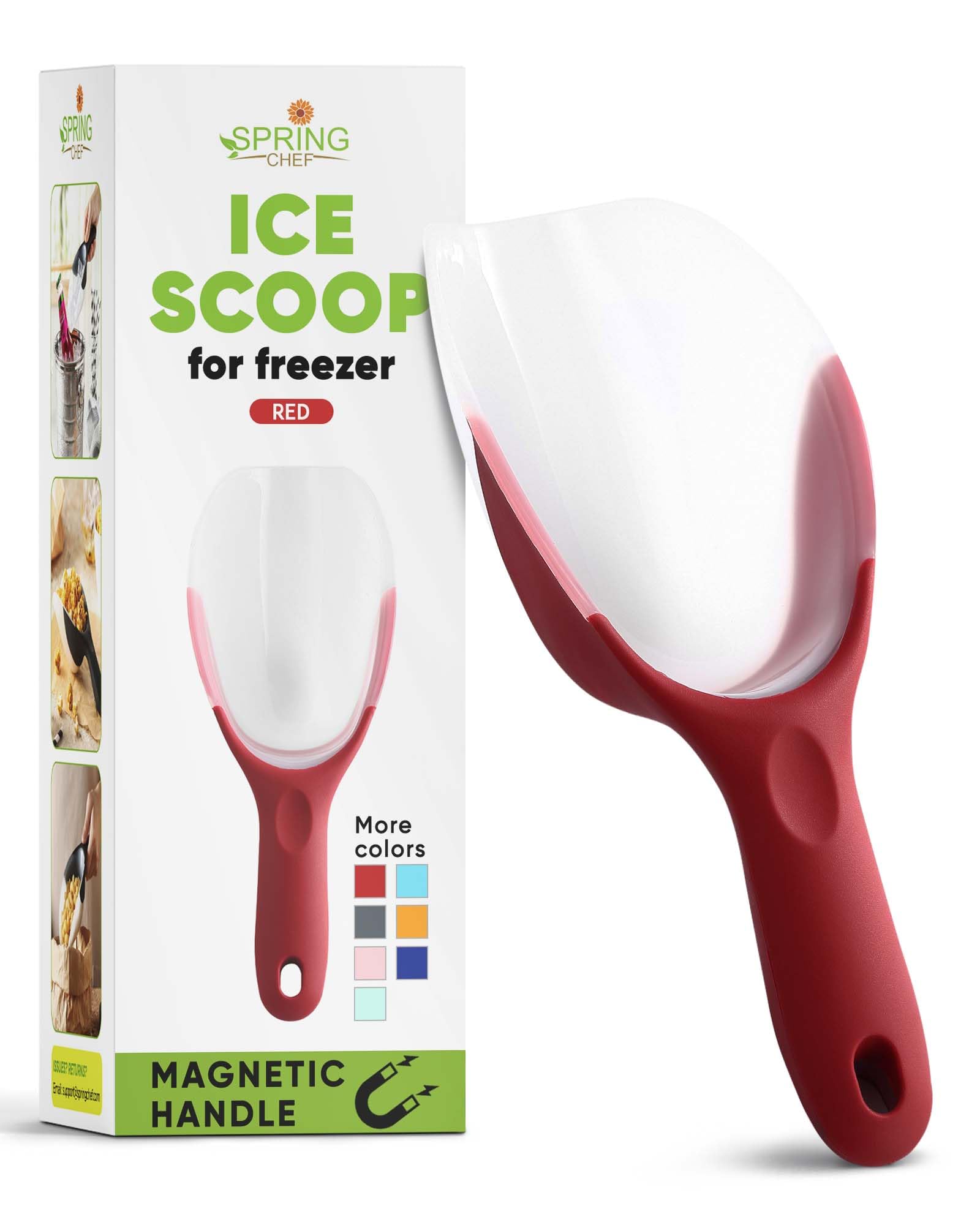 Spring Chef Red Magnetic Ice Scoop for Freezer & Ice Machine - Multifunctional BPA-Free Plastic Scoop with Soft Grip Handle - Ki