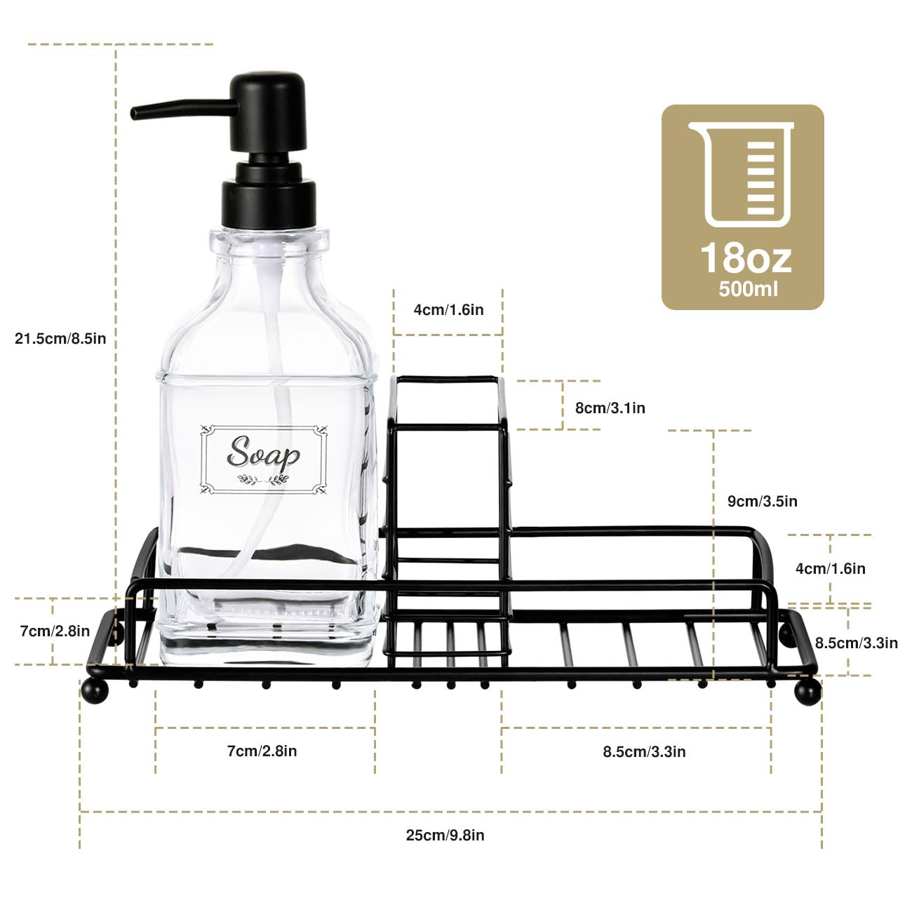 Shinowa Kitchen Soap Dispenser Set, Hand And Dish Soap Dispenser Set With Tray, 2-Pack Thick Glass Soap Dispenser For Kitchen &