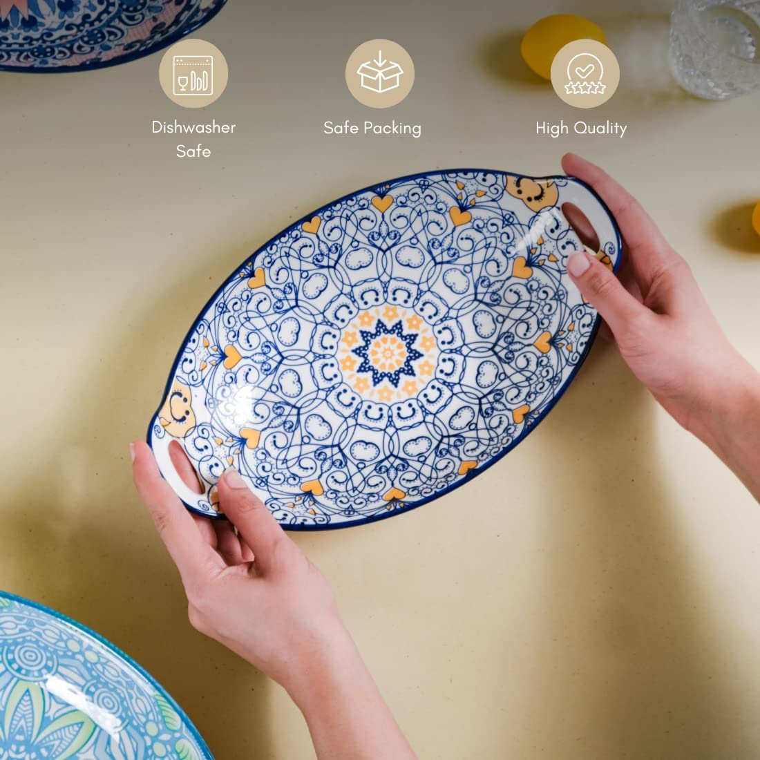 Nestasia Dark Blue Mandala Ceramic Long Dish with Handles for Serving Snacks, Appetizers, Salads, and Noodles| Microwave Safe, D