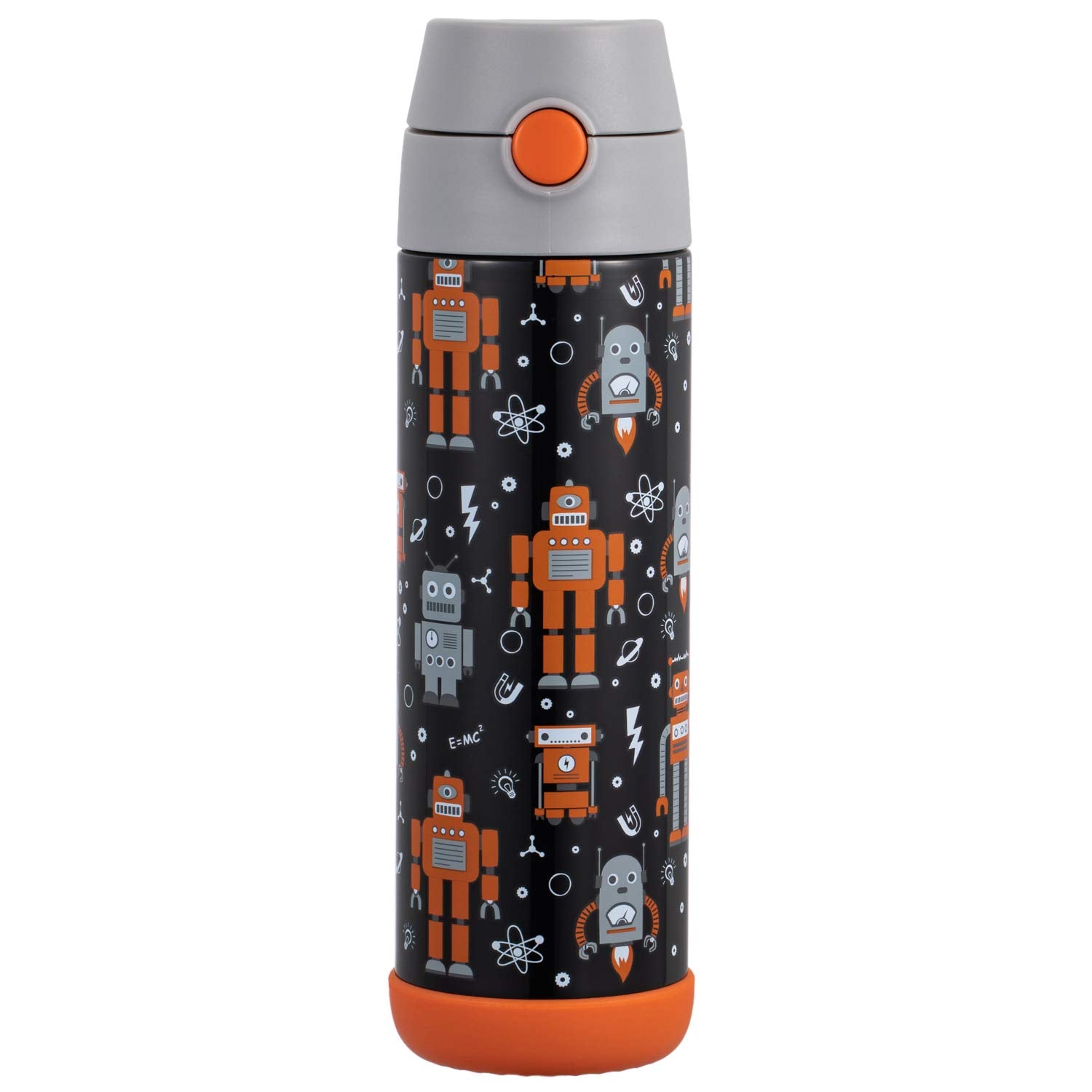 Snug Kids Water Bottle - insulated stainless steel thermos with straw (girlsBoys) - Robots  17oz