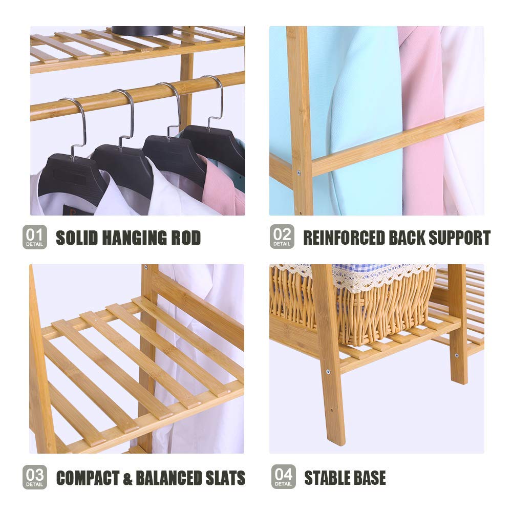 Leopax Bamboo Coat/Clothing/Garment Rack/Freestanding Storage Shelf With 5-Tier Shelf (130 X 40 X 140Cm, Natural)