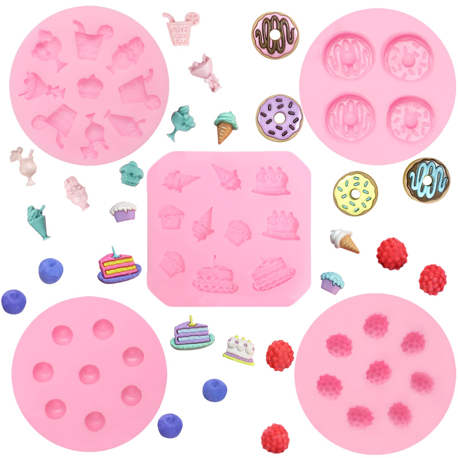 Ice Cream Donut Candy Cake Shapes Silicone Molds 5 Pcs, Fruit Blueberry Mulberry Fondant Mold For Chocolate Cake Decoration Cupc