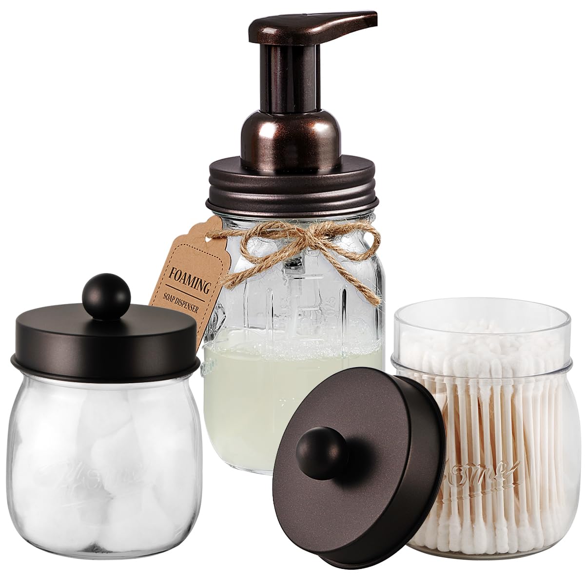 SheeChung Bathroom Accessories Set - Mason Jar Foaming Hand Soap Dispenser, Qtip Holder Set, Rustic Farmhouse Decor, Apothecary 